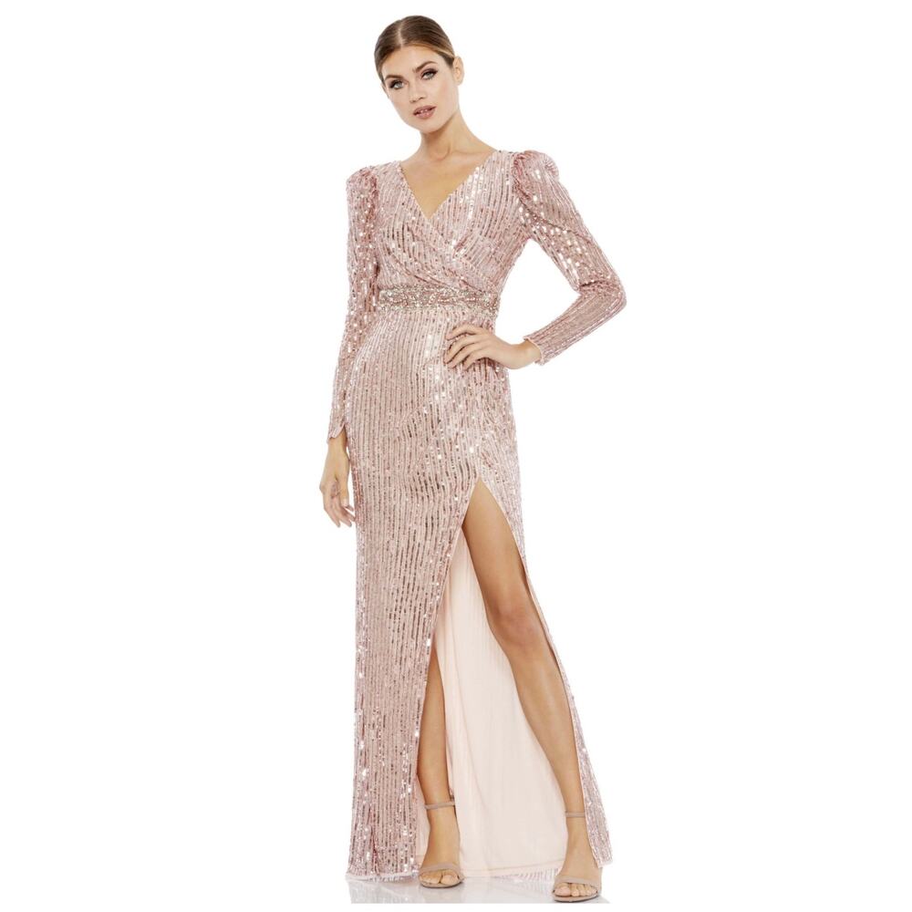 Mac Duggal 93549 Sequin Long Sleeve V-Neck Gown Rose Gold Rhinestone size 12